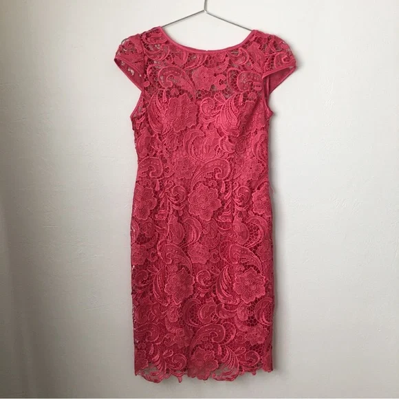 adrianna papell pink lace dress Adrianna Papell Pink Scalloped Lace Overlay Dress Lined Size 16 Short Sleeve